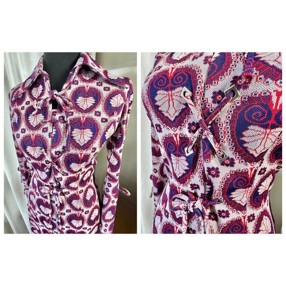Vintage 60s dress, red, blue psychedelic print, Mod maxi gown, dagger lapels - Picture 4 of 9